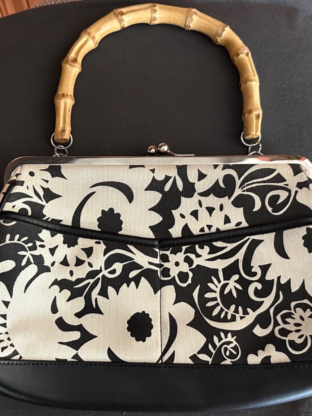 WHBM White House Black Market Clutch Purse Black White with Bamboo Handle NWOT